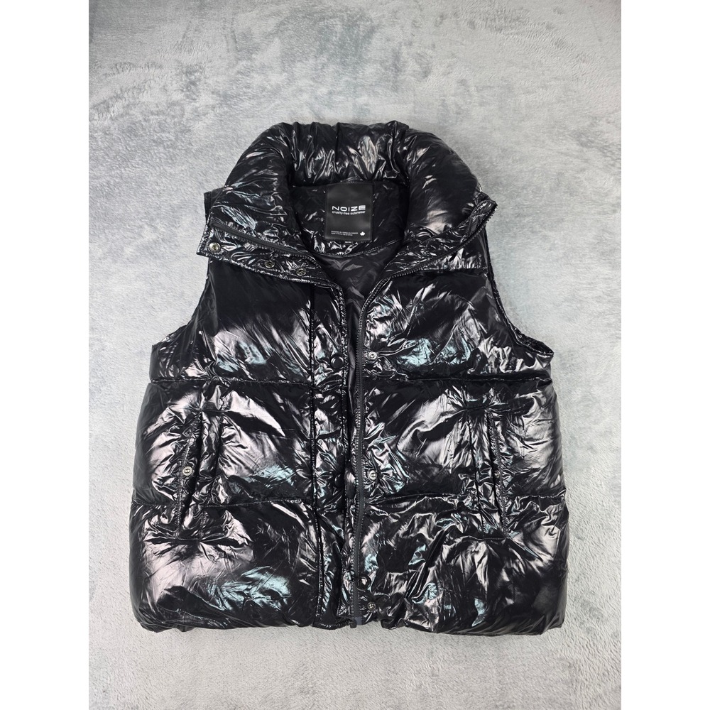 Noize Shiny Black Puffer Vest Cruelty Free Quilted Funnel Neck Womens Size M
